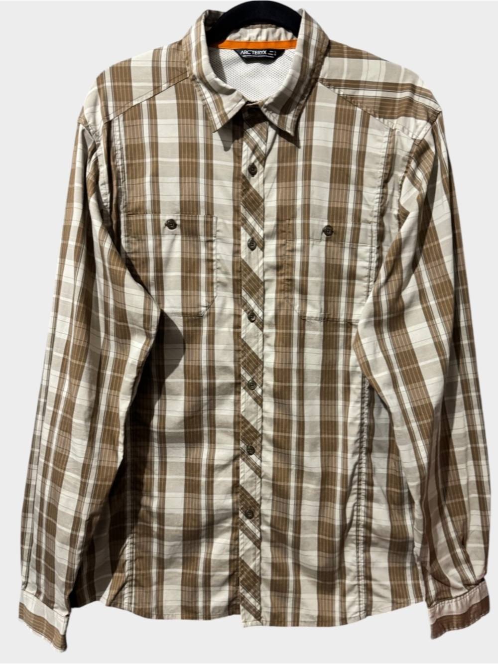Arc’teryx Mens L Plaid Long Sleeve Button Up Shirt Brown Hiking Outdoor Gorpcore